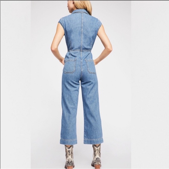 Free People Jumpsuit Blue Denim Cap Sleeve Button Up Front - Picture 2 of 4